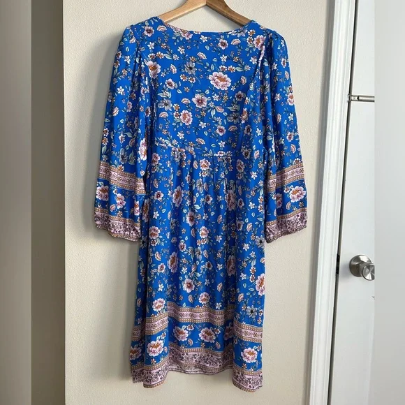 NWT Bluetime Summer Dress Boho V Neck 3/4 Sleeve Babydoll Floral Viscose Sz XL - Picture 13 of 13